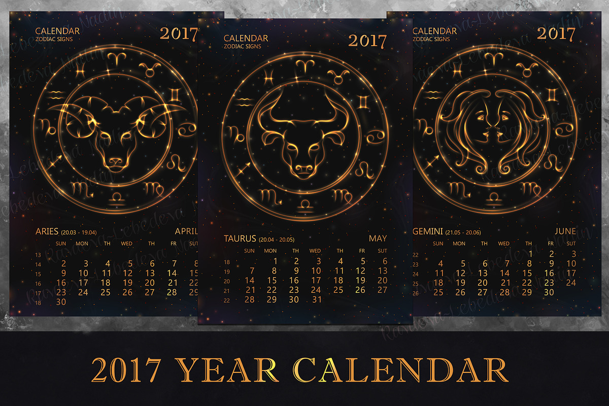 SET / 2017 CALENDAR / golden ZODIACS, an Animal Illustration by Nadin_Lebedeva (Photo 2 of 9)