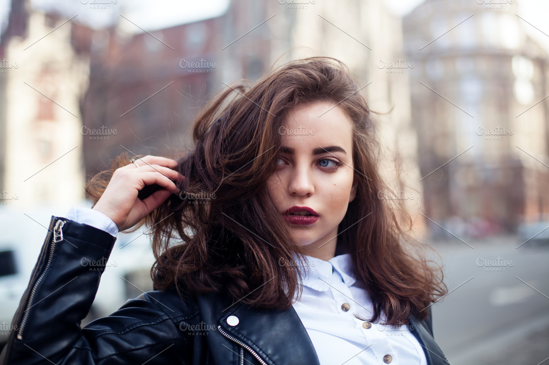 Amazing joyful pretty girl with long brunette hair posing outdoor leather, a Beauty & Fashion Photo by Grabovskaya