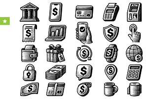 Vintage Finance Banking Icons Set, an Object Graphic by RT Studio