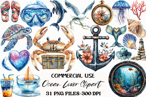 Watercolor Ocean Lover Clipart, an Illustration by Craft Nest