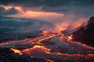 Molten lava streams across rugged terrain under dramatic clouds, an Abstract Photo by Ales Munt
