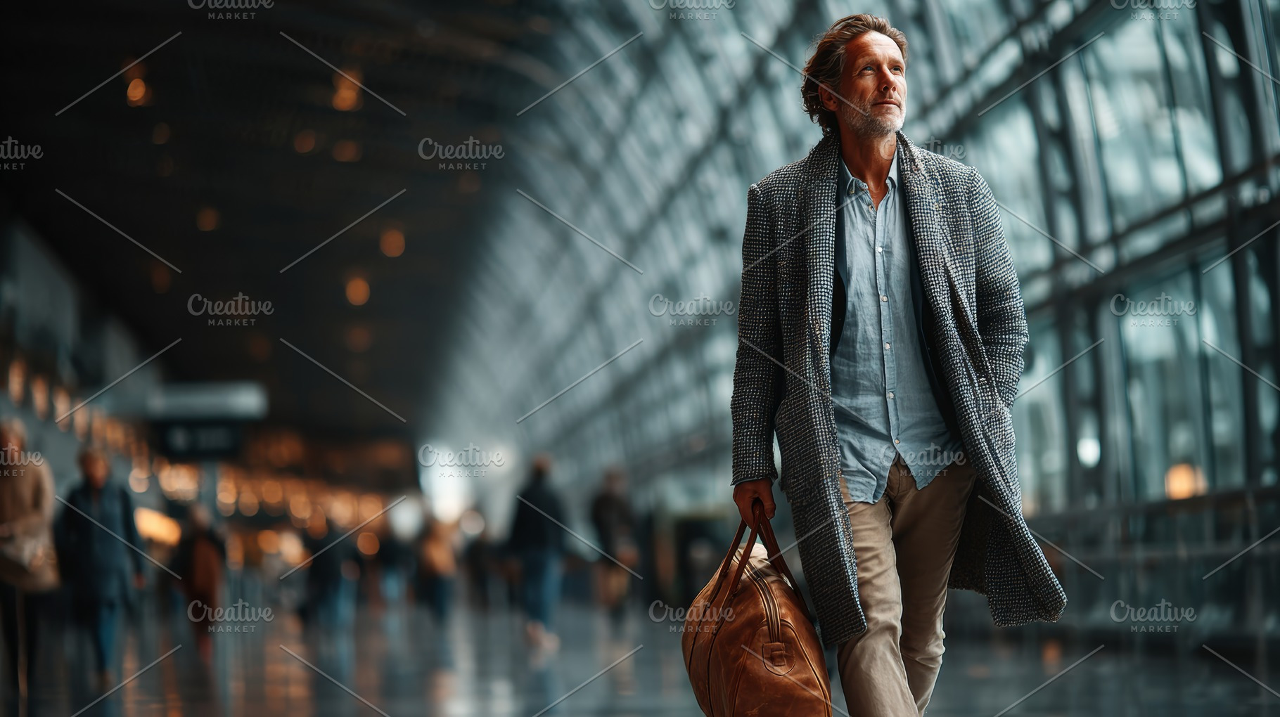 Traveling professional walks through a modern airport with a leather bag and co, a Photo by AS photostudio