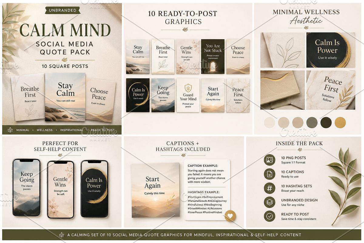 Calm Mind Social Media Quote Pack, a Social Media Template by Local Marketing Templates (Photo 1 of 4)