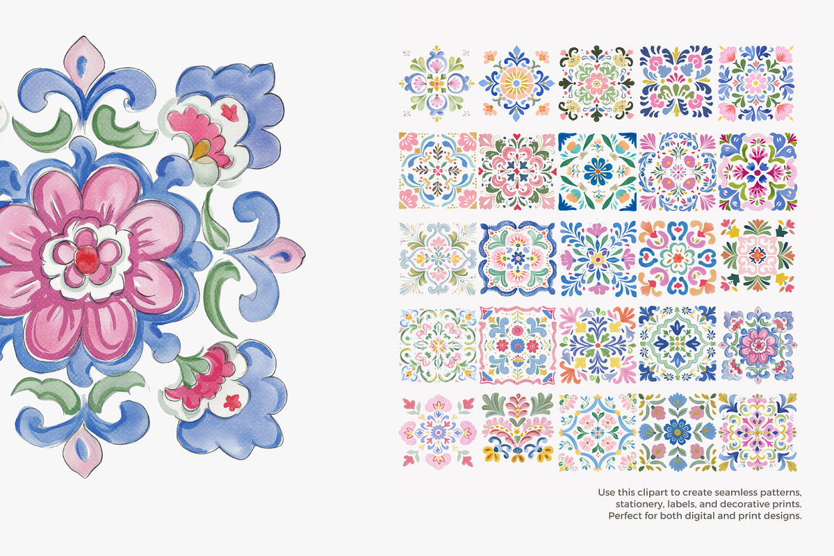 floral folk art motif clipart set, a Decorative Illustration by Patishop Art (Photo 5 of 6)