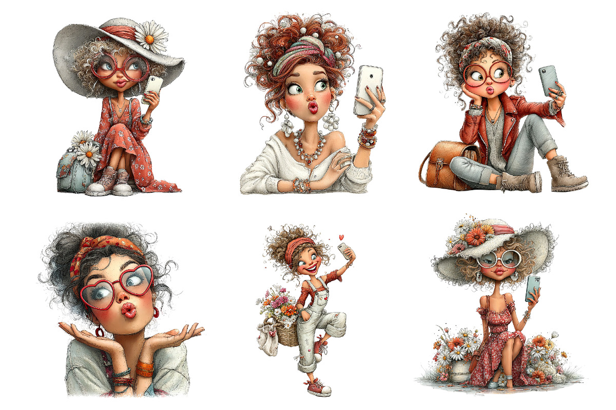 Quirky Woman Selfie Clipart PNG, a Seasonal Illustration by DreamArtGraphic (Photo 2 of 5)