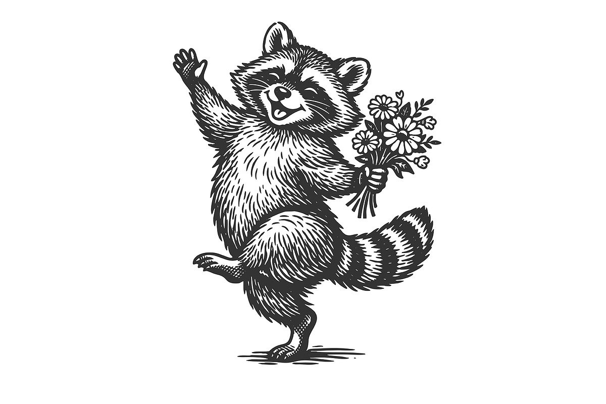 Happy raccoon holding flowers in vin, an Animal Illustration by AlexArt (Photo 2 of 3)