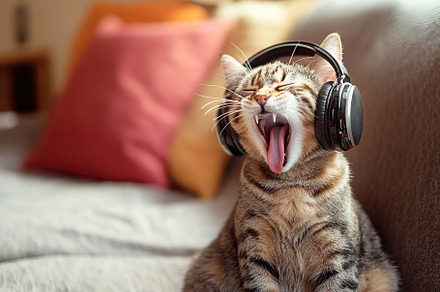 Cat wearing headphones yawns on a cozy couch surrounded by colorful pillows, an Animal Photo by AlyaAnd