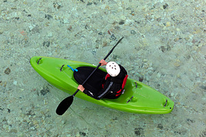 Kayaking Down the River. Caucasian Men in green Kayak. Soca river, Bovec, Slove, a Sports & Recreation Photo by Bepslabor