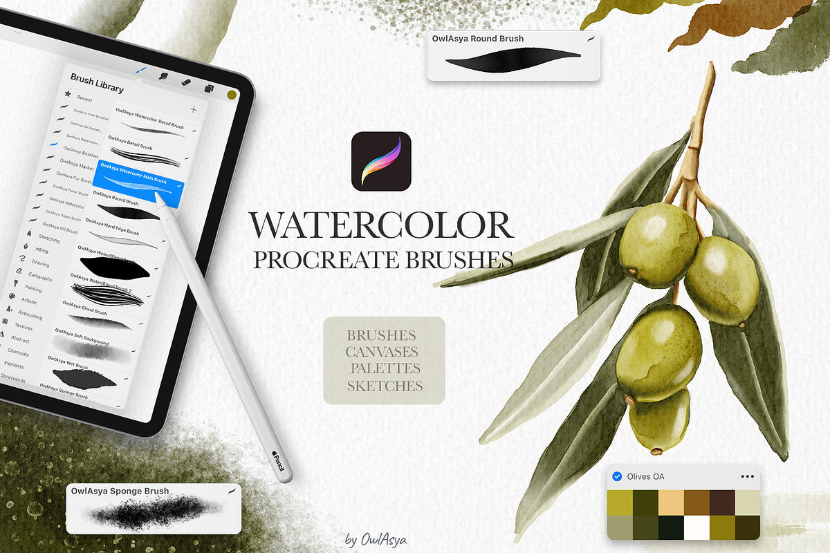 Watercolor Brushes for Procreate, a Brush Add-On by owlasya (Photo 1 of 9)