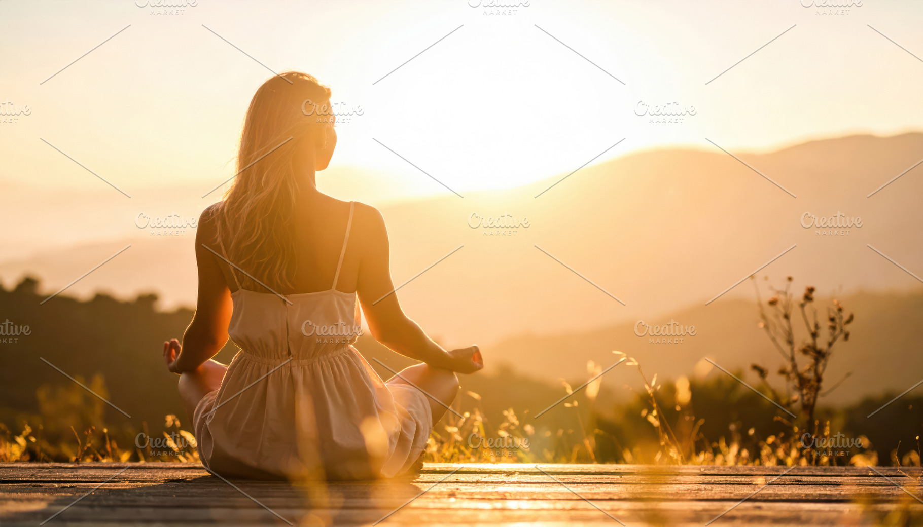 Woman Meditating at Golden Sunset in Nature, a Person Photo by Davizro's Market