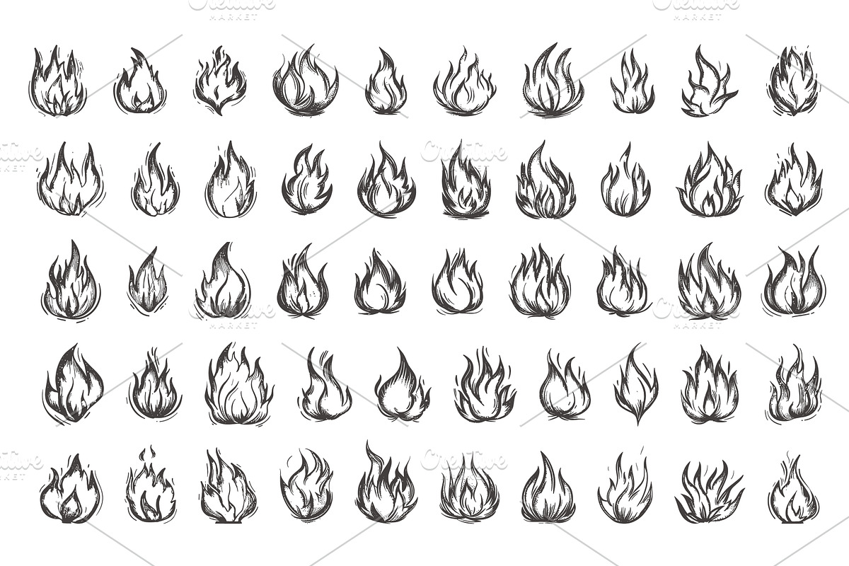 Flame Icon Set Vector Line Drawing, an Object Illustration by LadadikArt