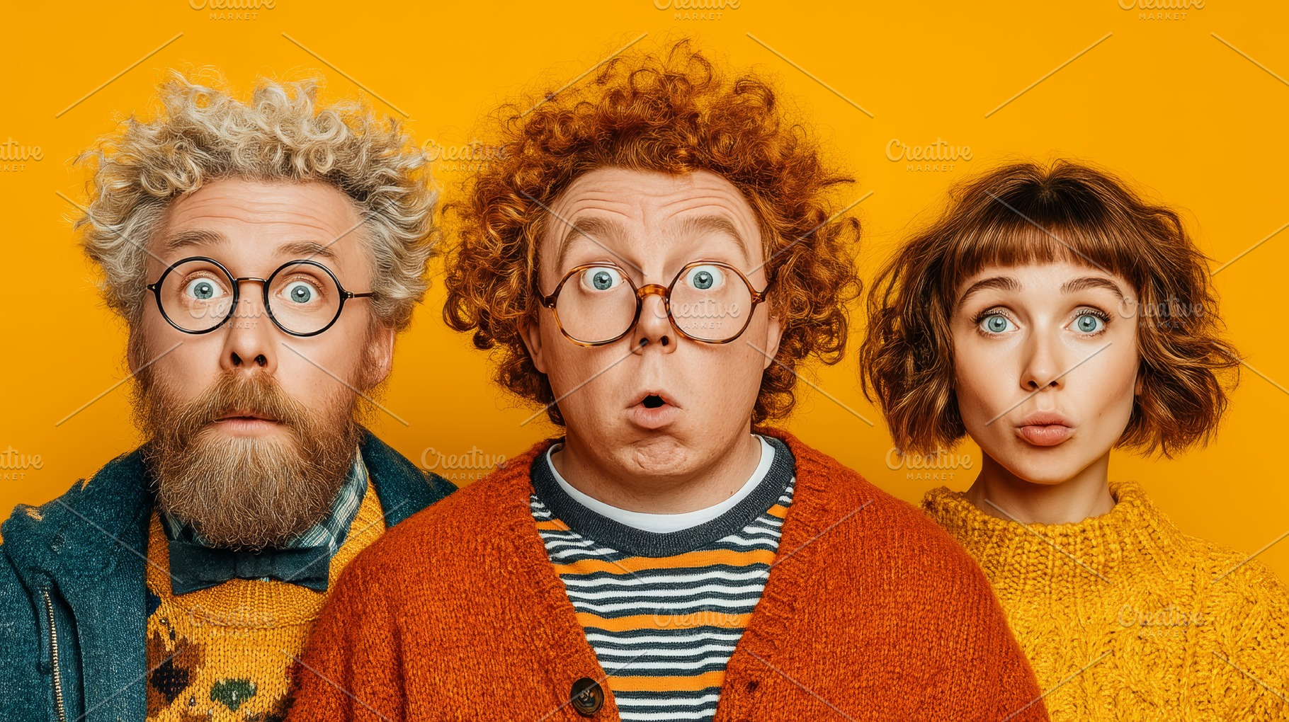 Three friends with surprised expressions wearing bright sweaters pose against o, a Photo by AS photostudio
