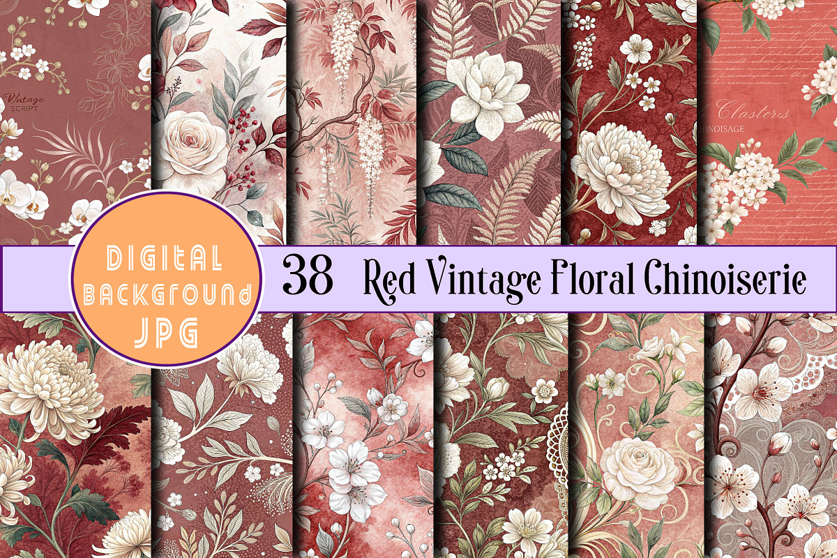 Red Vintage Floral Chinoiserie, a Pattern Graphic by Wow Magic (Photo 1 of 2)