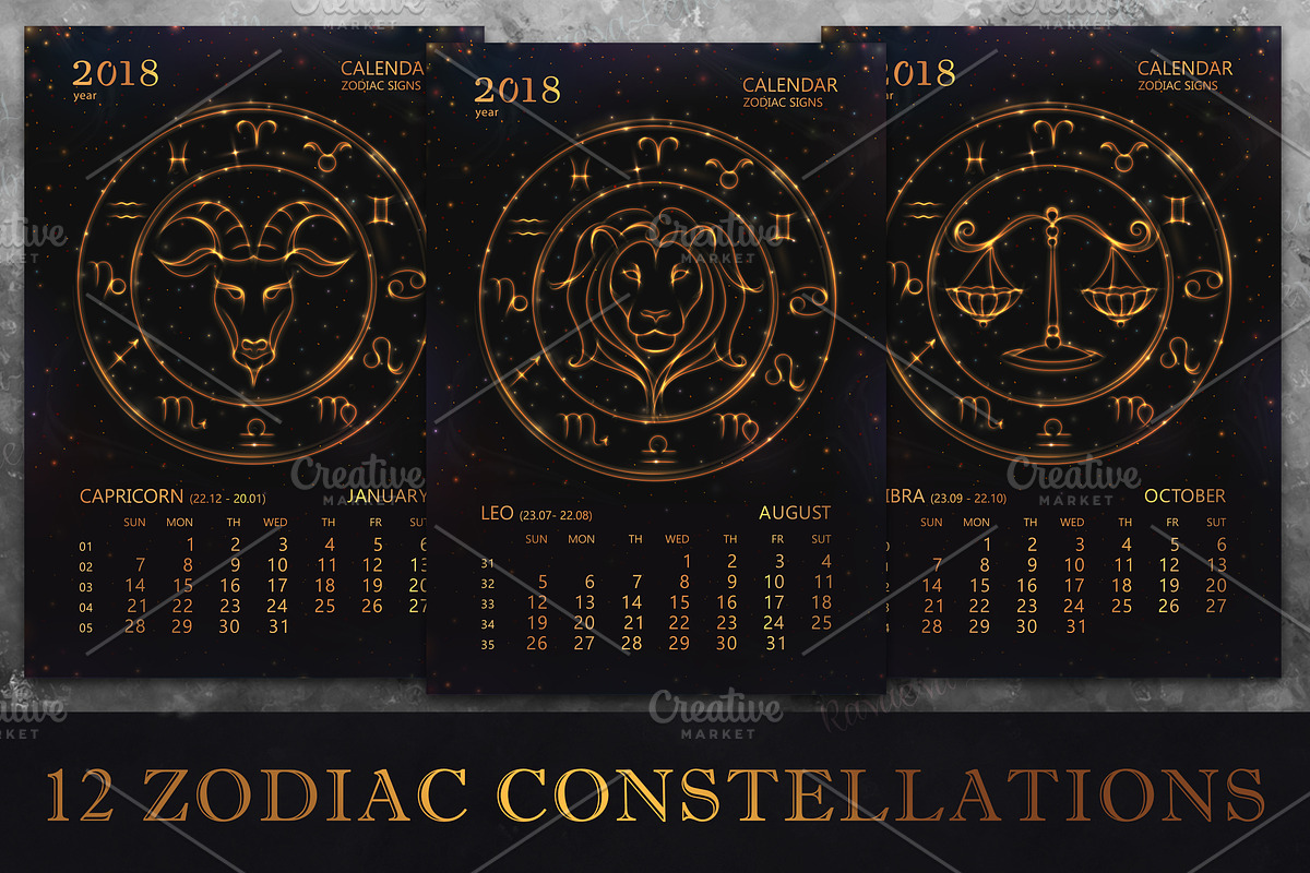 SET / 2018 CALENDAR / golden ZODIACS, a Texture Illustration by Nadin_Lebedeva (Photo 3 of 11)