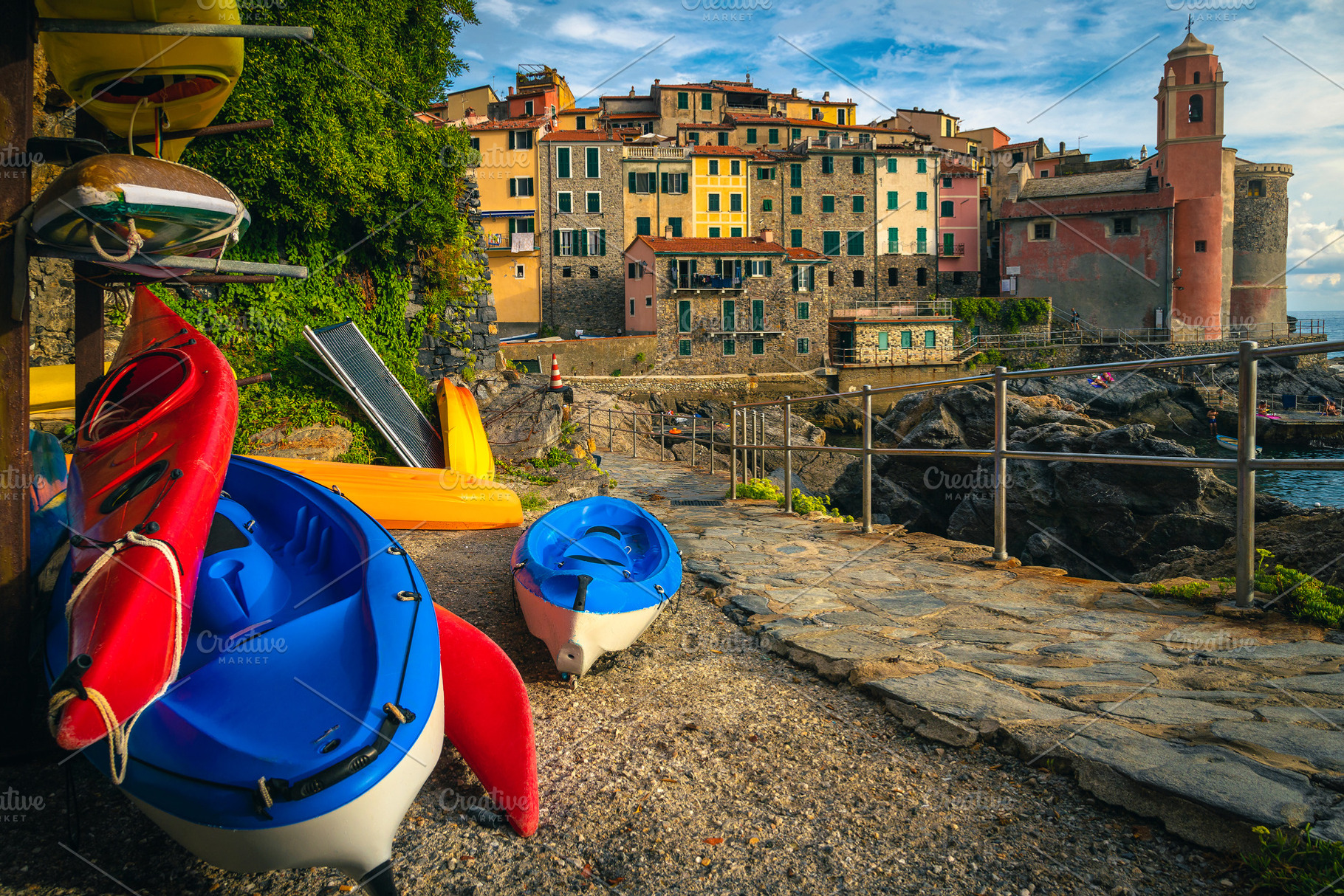 Colorful kayaks on the storage racks, an Architecture Photo by Alpine Dreams