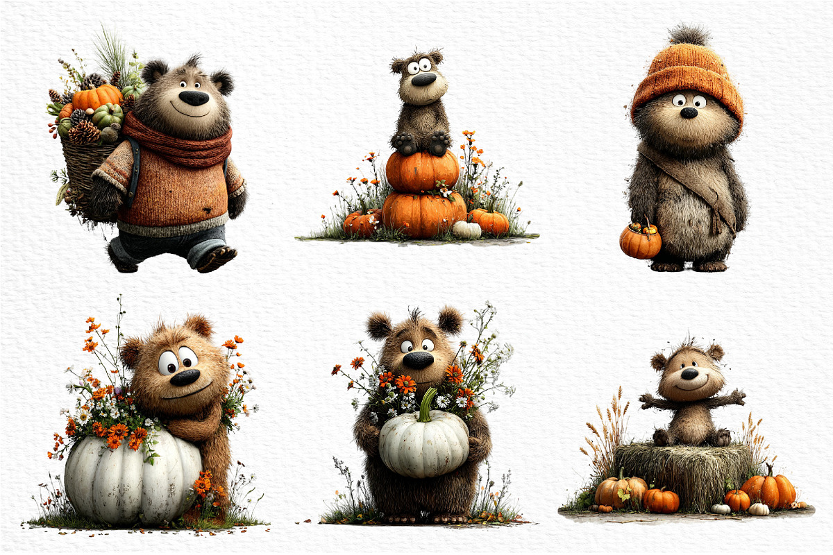 Bear with Pumpkin Watercolor Clipart, a Seasonal Illustration by Craft Nest (Photo 5 of 6)