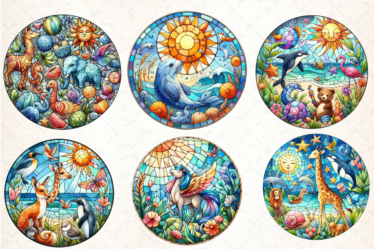 Round Stained Glass Animals Summer C, an Illustration by DreamCafeArt (Photo 2 of 4)
