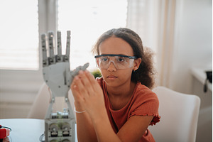 Cute girl admiring robotic hand., a School & Education Photo by HalfPoint