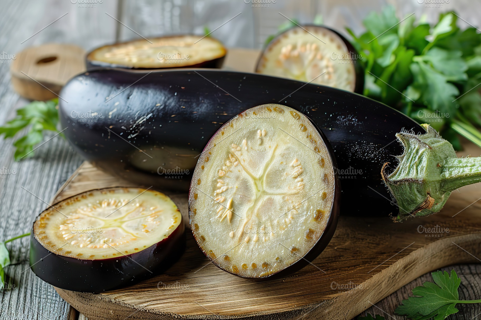 Fresh pieces of eggplant on wooden background, a Food & Drink Photo by AlyaAnd
