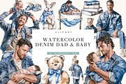 Watercolor Denim Dad & Baby Clipart, a Person Illustration by BusyDaydesign (Thumbnail 1 of 9)