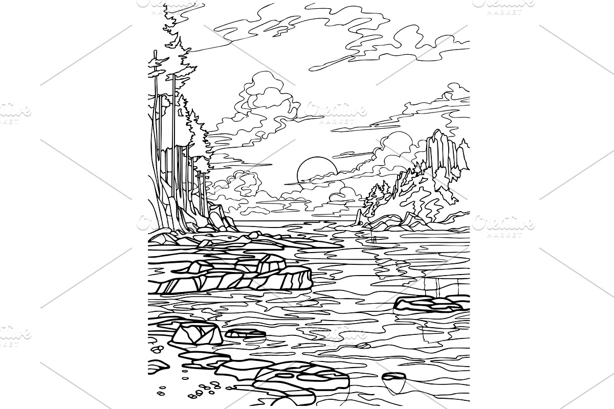 Landscape with river. Coloring book, an Illustration by Canatic