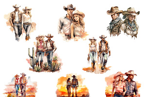 Watercolor Cowboy And Cowgirl Couple