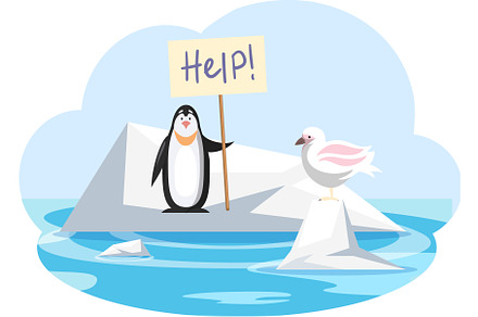 Seagull and penguin on ice floe need, an Animal Illustration by TopVector