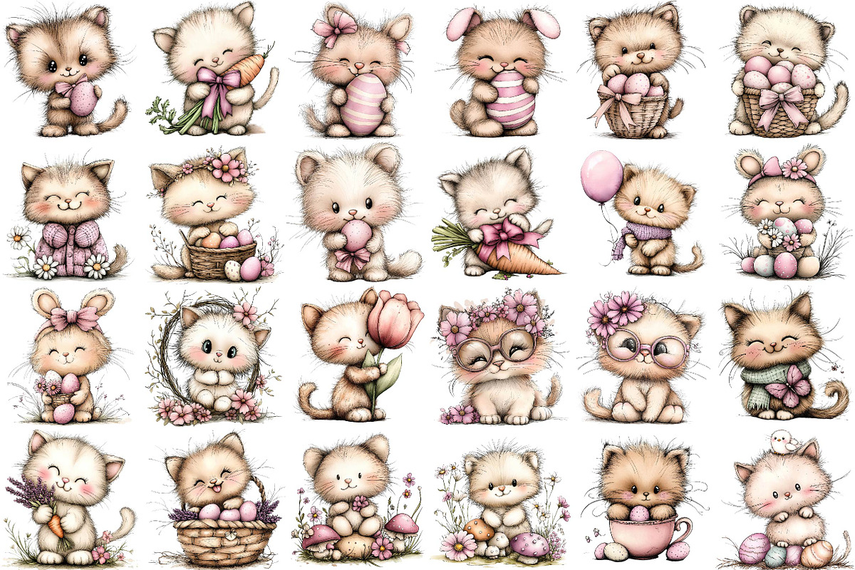 Whimsical Funny Spring Cats Clipart, an Illustration by DreamPrint404 (Photo 3 of 6)