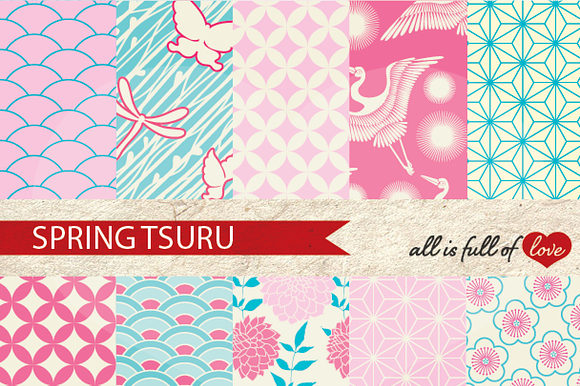 Spring Tsuru Japanese Patterns Set preview 2