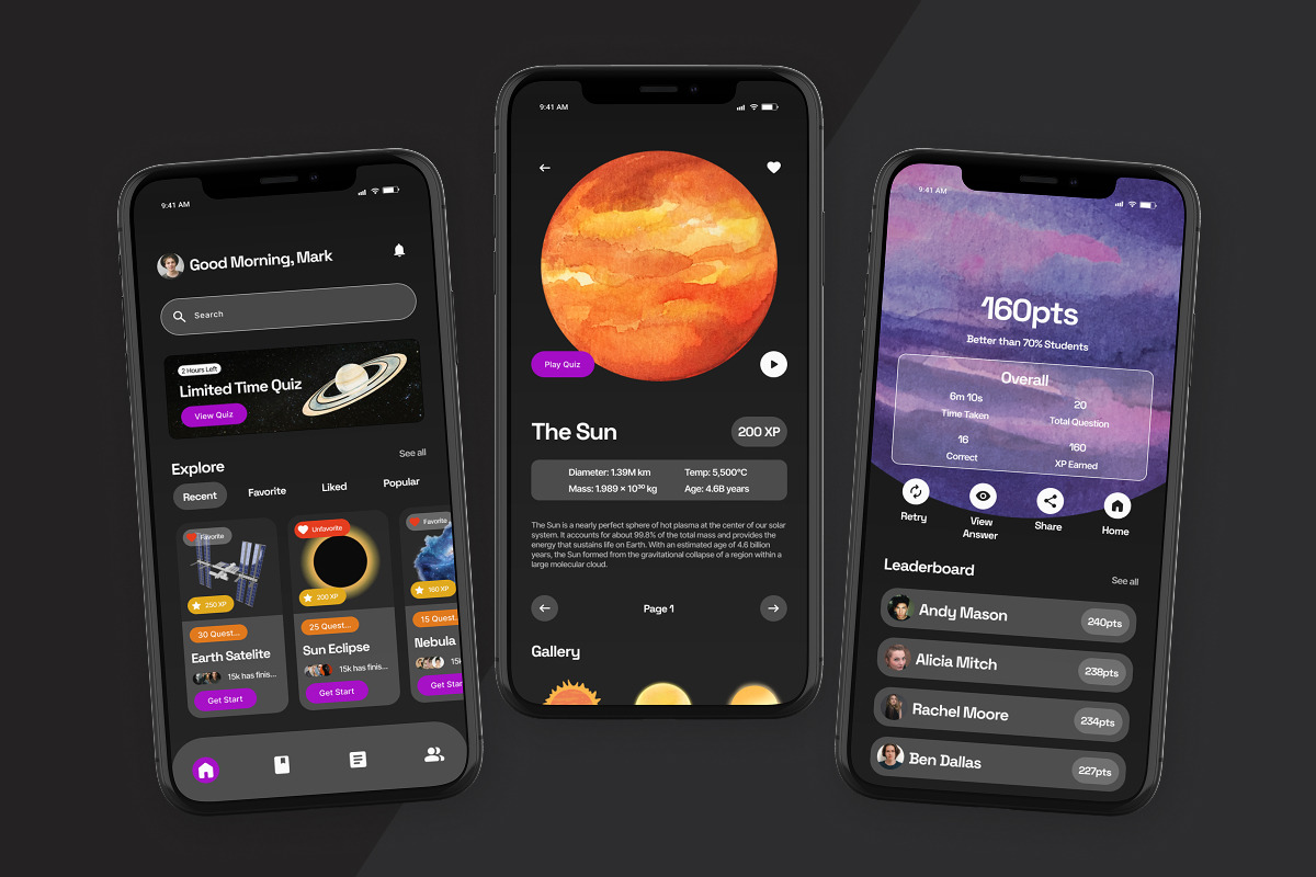 Spacion - Space Academy Quiz UI App, an App Template by trabaskriya (Photo 3 of 5)