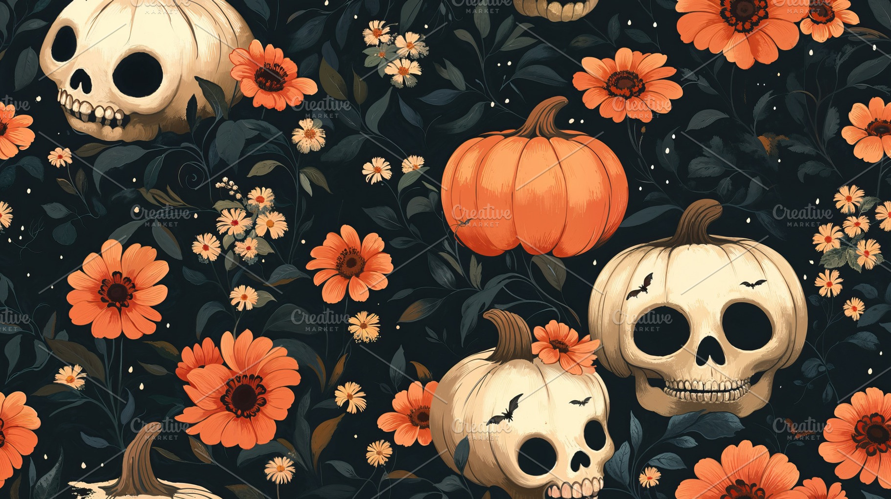 Spooky Halloween background with skulls and pumpkins. Generative AI, a Background Photo by OSORIOartist