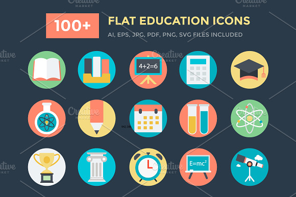 100 Flat Education Vector Icons