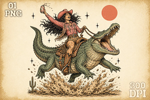 Cowgirl Crocodile Rider PNG, an Object Illustration by Sublimation Artist