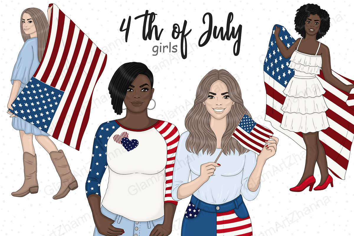 4th of July Dark Girls Clipart, a Decorative Illustration by GlamArtZhanna (Photo 1 of 5)