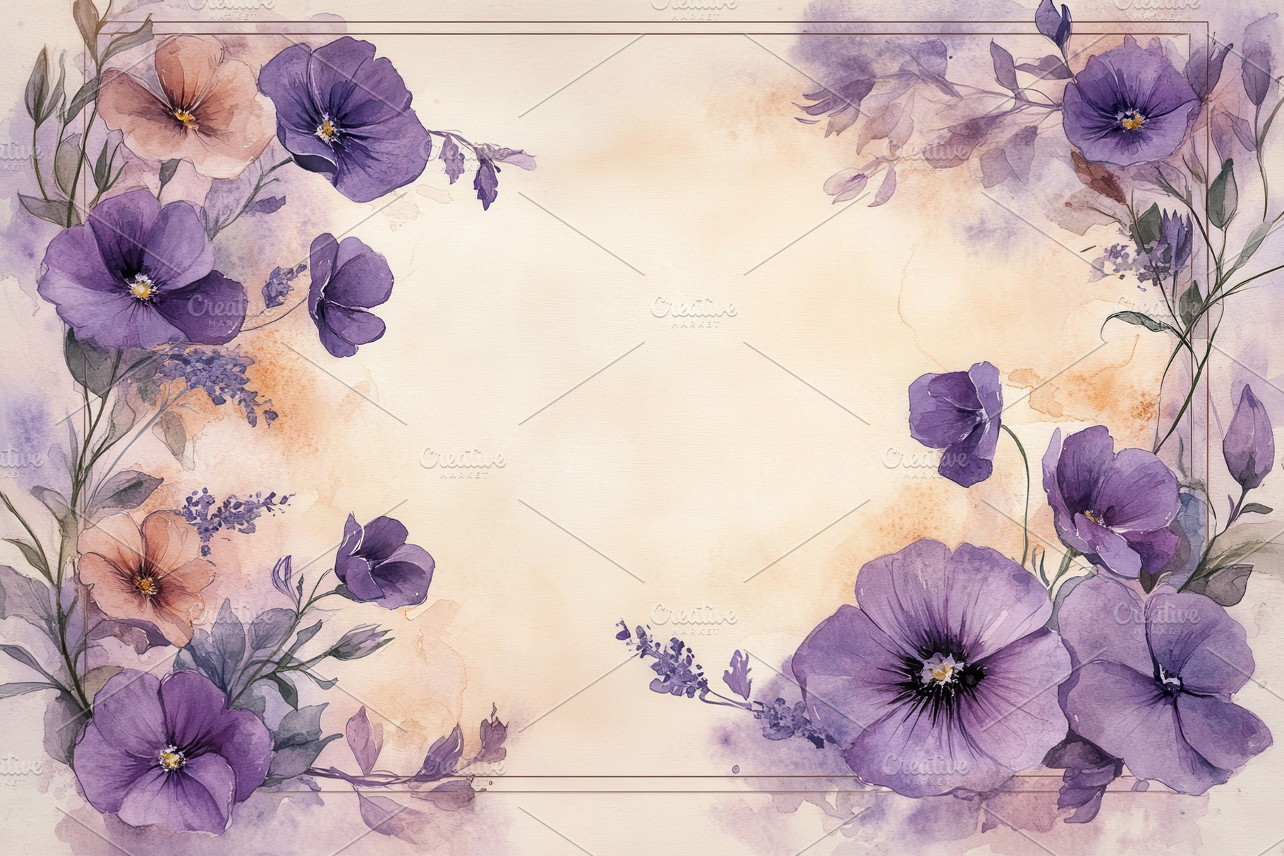 Watercolor floral frame purple flowe, a Photo by Pixeness Studio