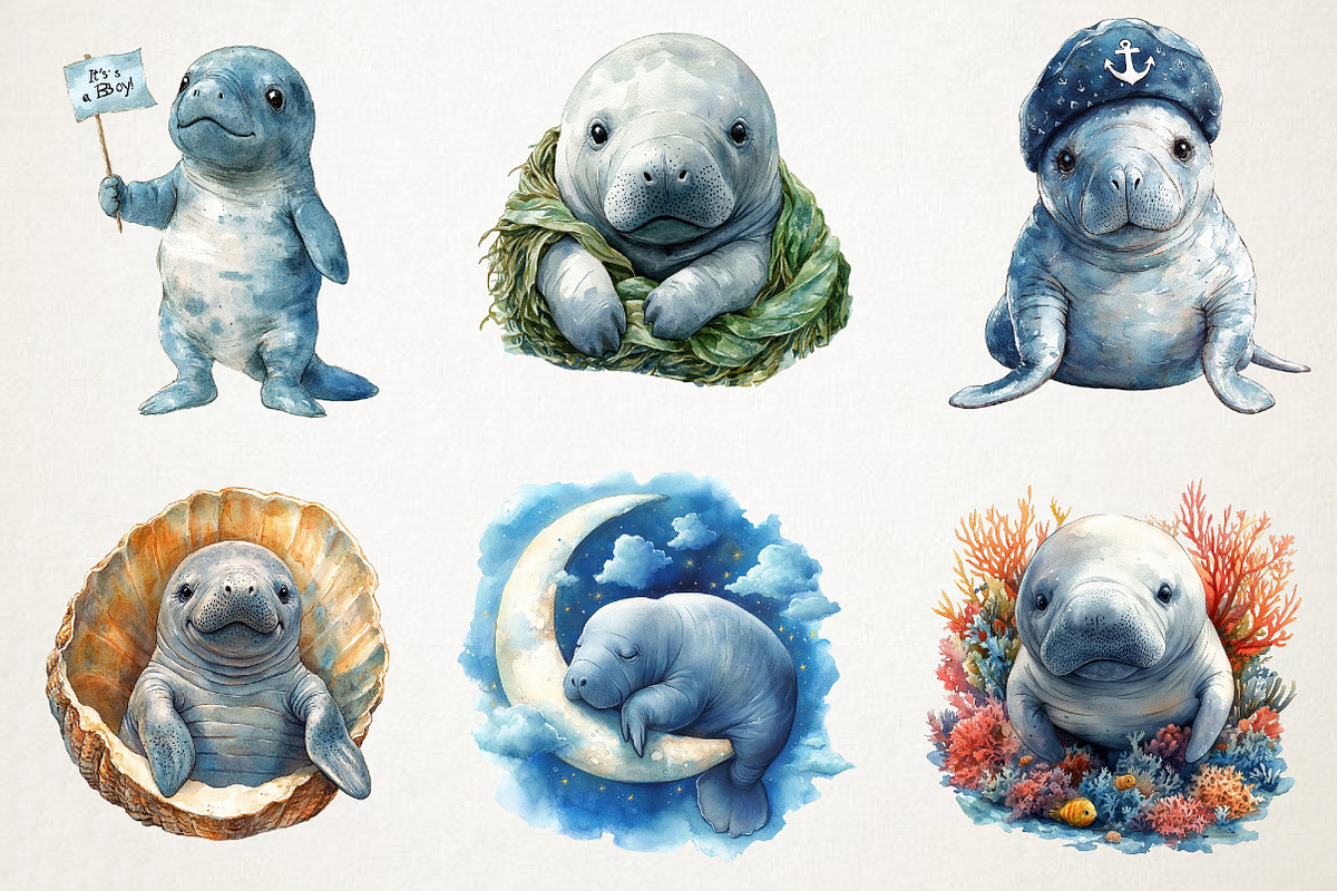 Cute Baby Watercolor Manatees Clipar, an Illustration by RobertsArt (Photo 7 of 7)