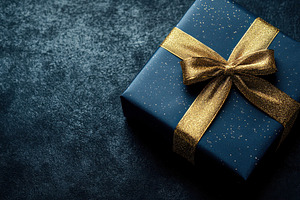Dark blue gift box with gold ribbon, a Photo by Pavel_design