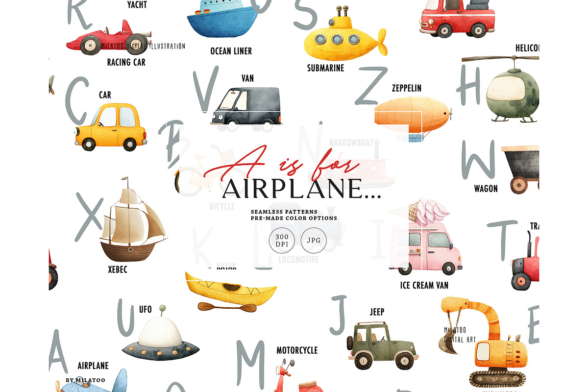 Learning letters A to Z cars pattern, a Pattern Graphic by Milatoo (Photo 1 of 3)