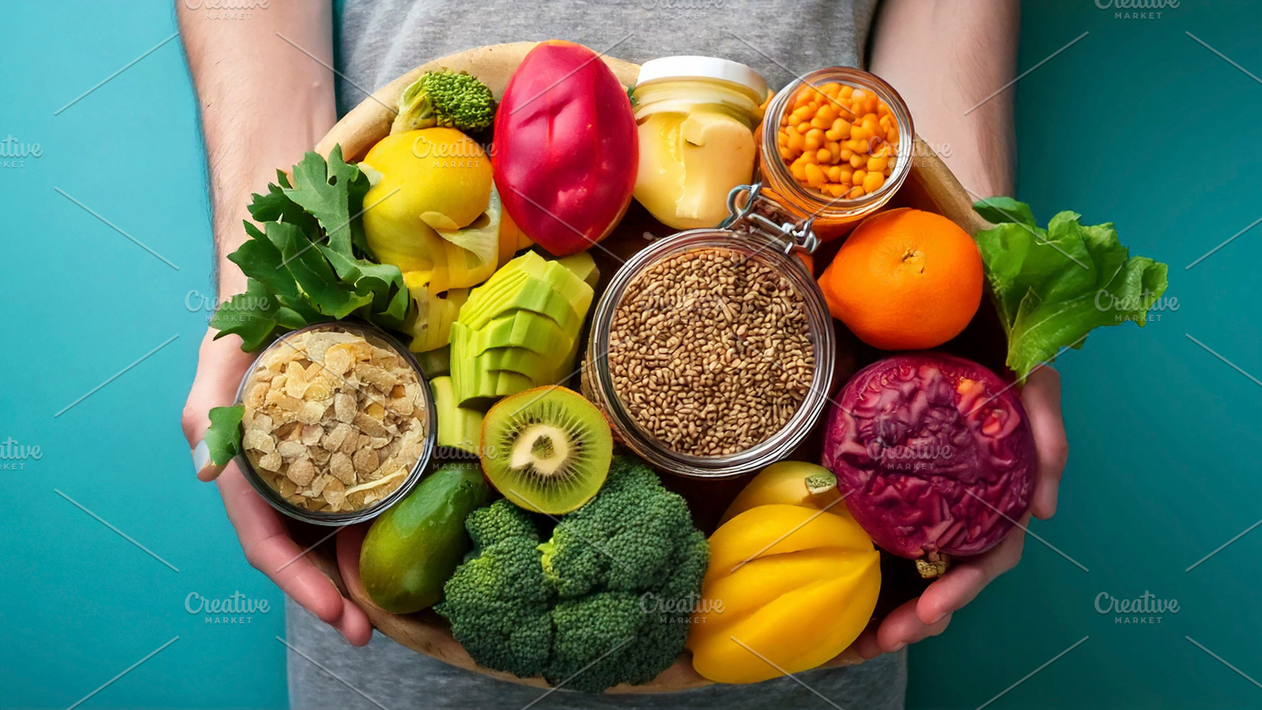 Fruits and vegetalbles elements over turquoise color background, a Food & Drink Photo by DanFLCreativo