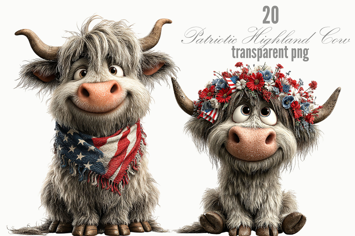 Patriotic Highland Cow Clipart, an Animal Illustration by Designking (Photo 1 of 5)