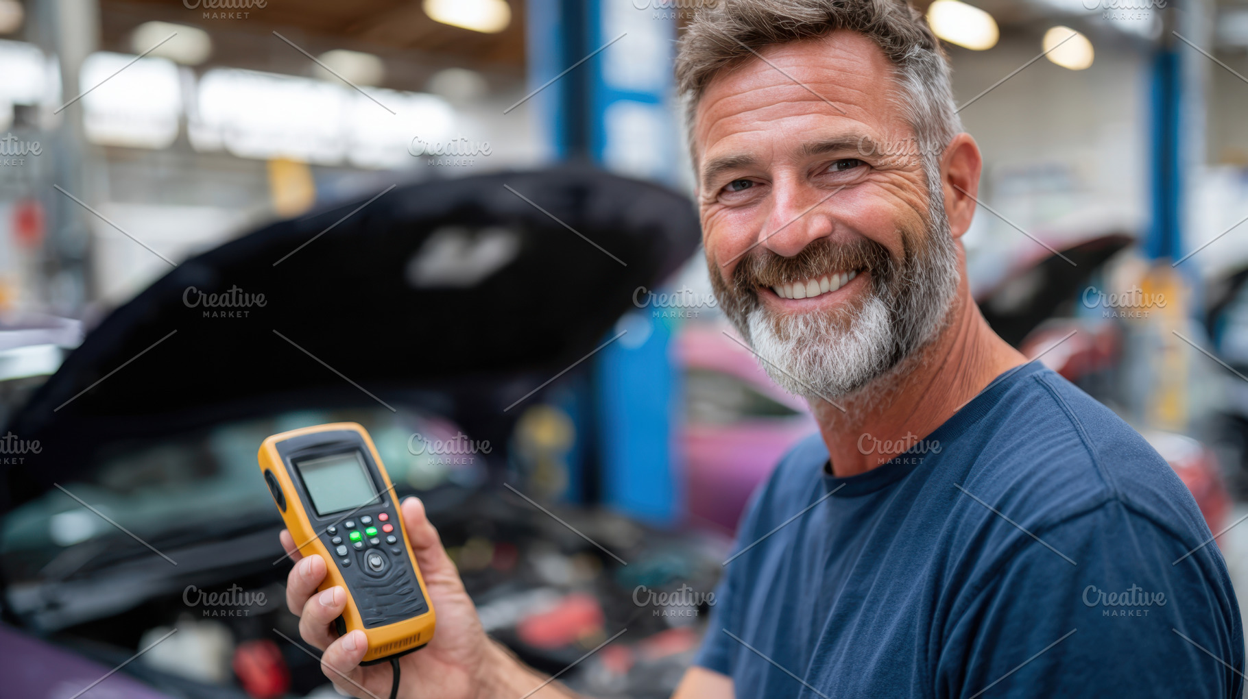 Smiling mechanic using car scanner in garage, an Industrial Photo by AlyaAnd