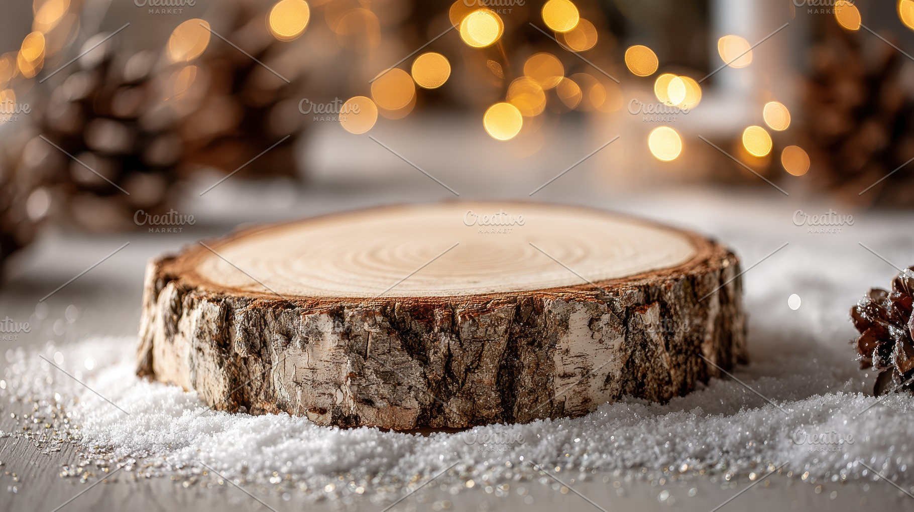 Wooden slice on snow festive backgro, a Photo by Pixeness Studio