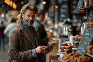Man with long hair engages with tabl, a Photo by Tanuart