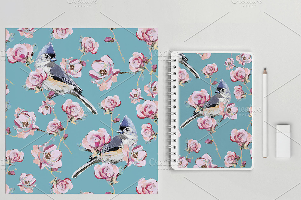 Cute birds and flowers pattern, a Pattern Graphic by Sweet_print (Photo 6 of 6)