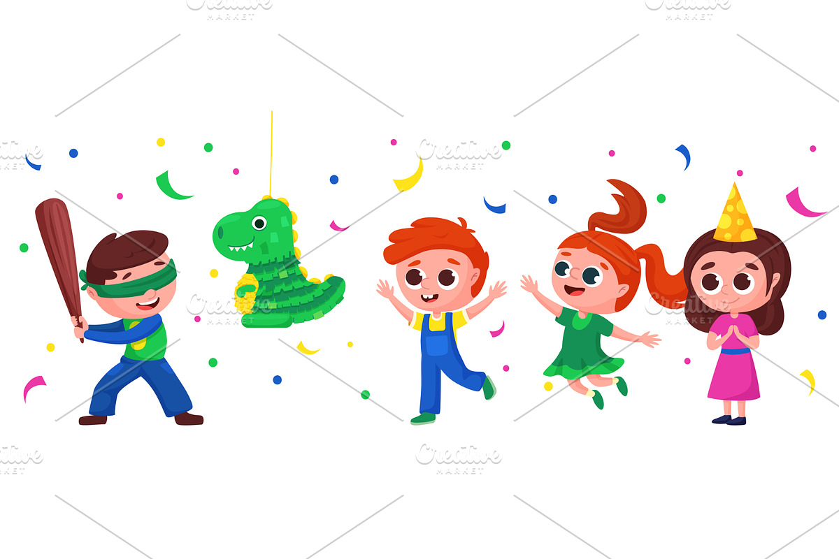 Children play pinata. Boy ready to, an Object Illustration by LadadikArt