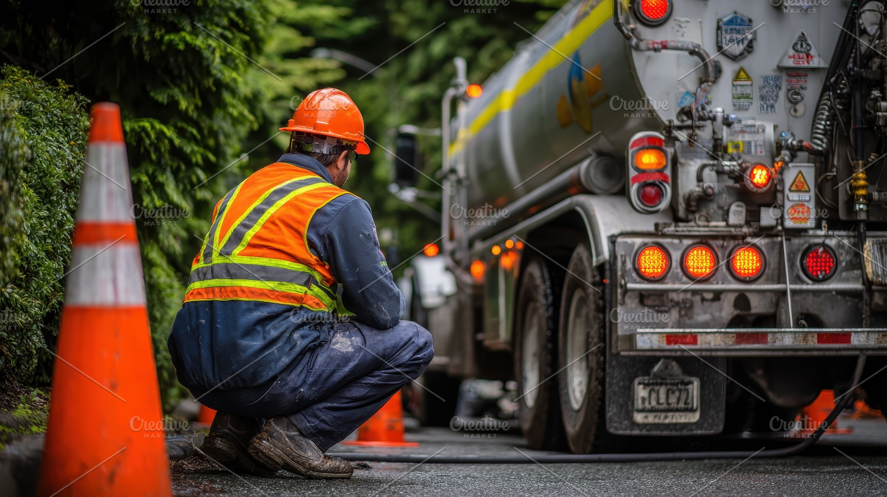 Worker in orange vest crouching near, a Photo by Pixeness Studio