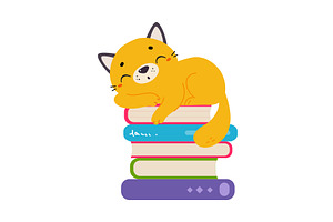 Cute red kitten sleeping on pile of, an Animal Illustration by TopVectors