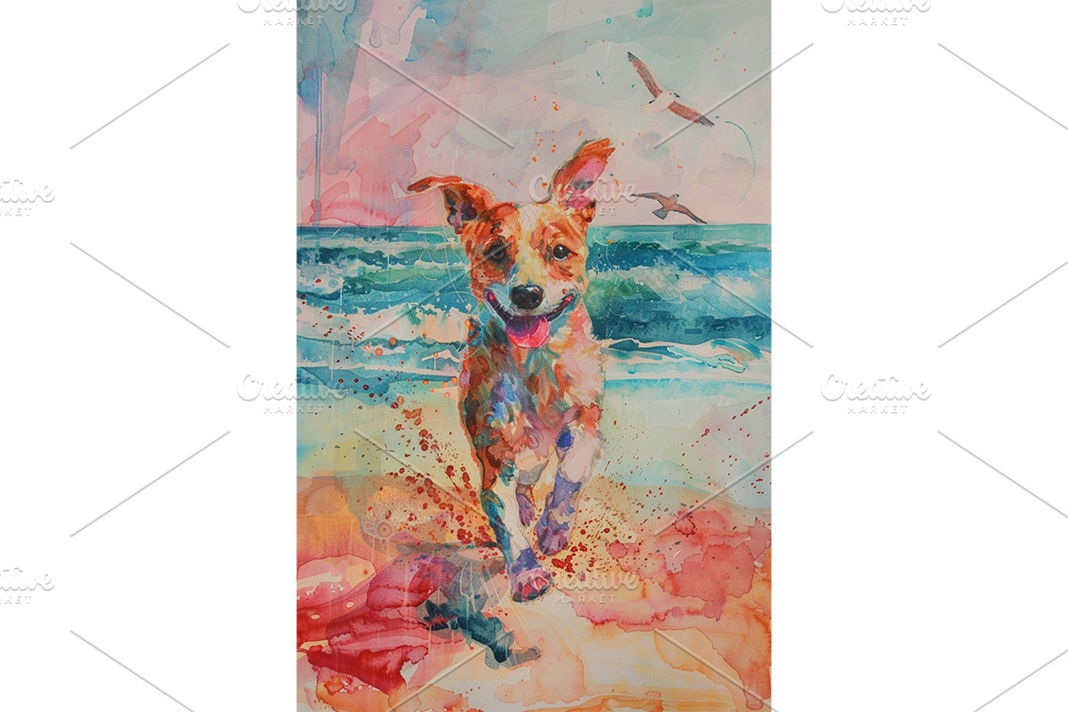 Playful Dog in Surf with Birds Art, an Animal Illustration by Art Paradise Studios