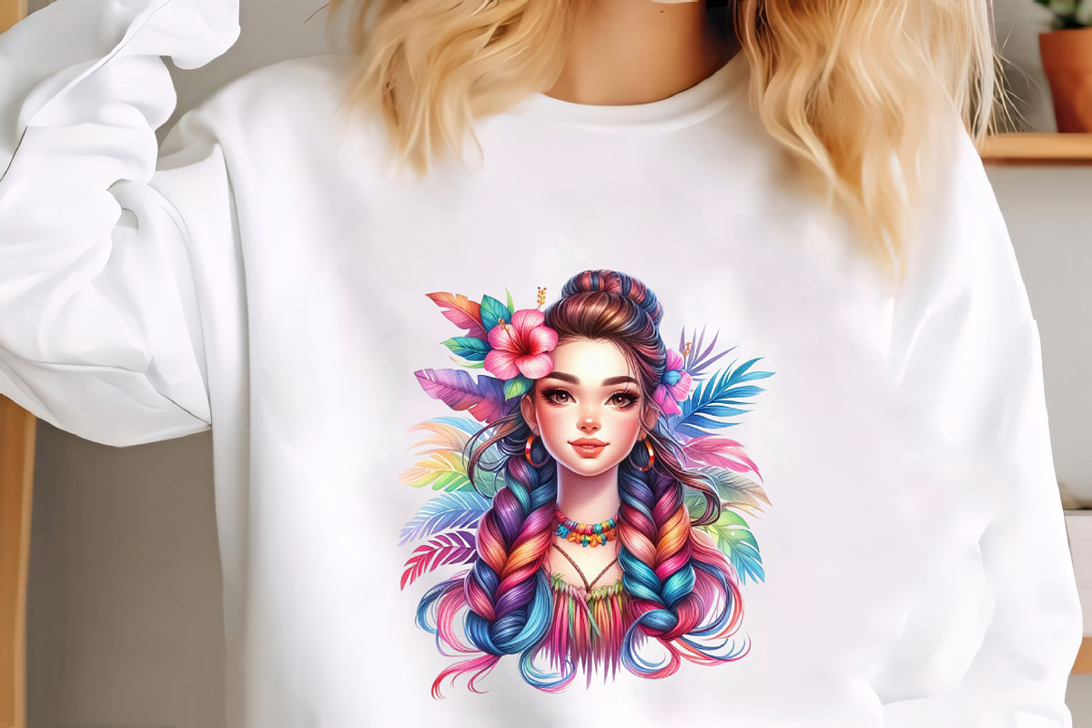Vibrant rainbow hair girl tropical, an Illustration by CrexoraLab (Photo 4 of 4)