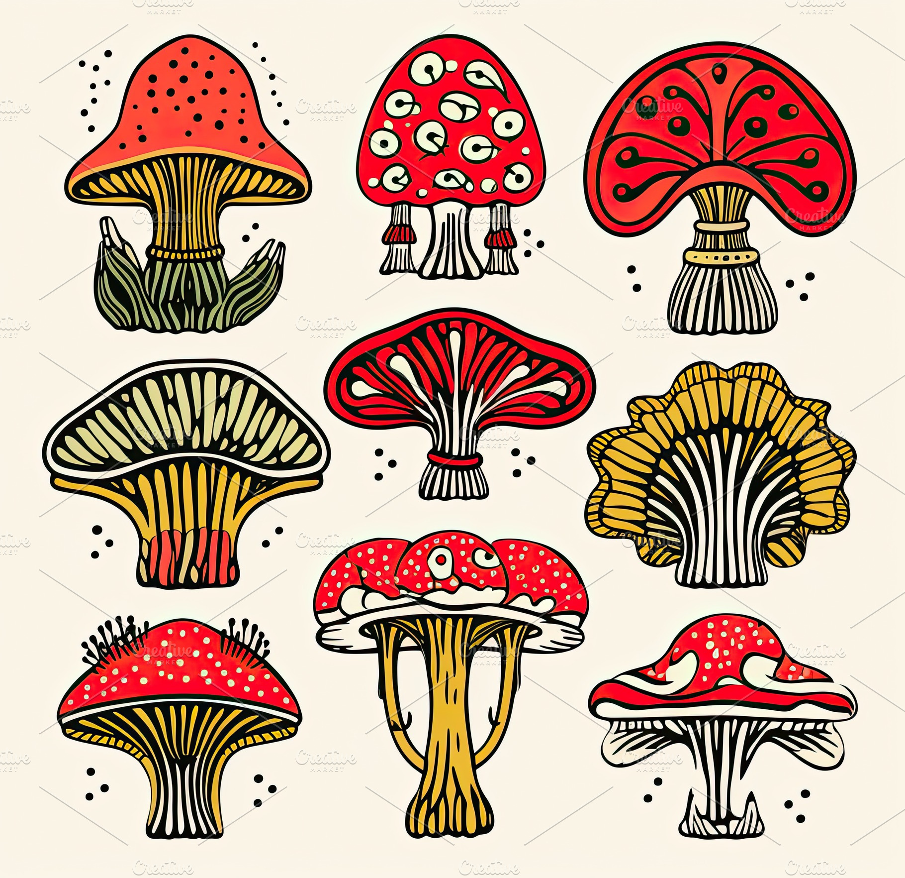 Whimsical Illustrated Scene of Vibrant Red Fly Agaric Mushrooms, a Nature Photo by José Manuel Gelpi
